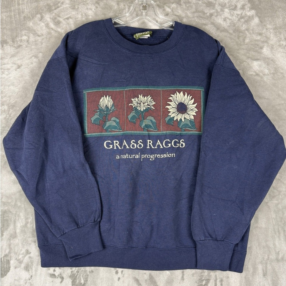 Grass Raggs Womens Navy Blue Floral Sunflower Sweatshirt Pullover Crewneck Top